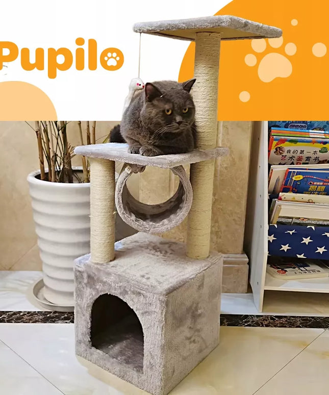 Pupilo namelis draskyklė guolis katėms su tuneliu ir žaisliniu pelėsiuku, 3 lygiai