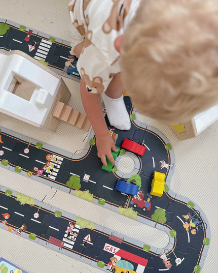 „Tooky Toy“ TH103 vaikų dėlionė-kelio trasa su 3 medinėmis transporto priemonėmis, 20 detalių