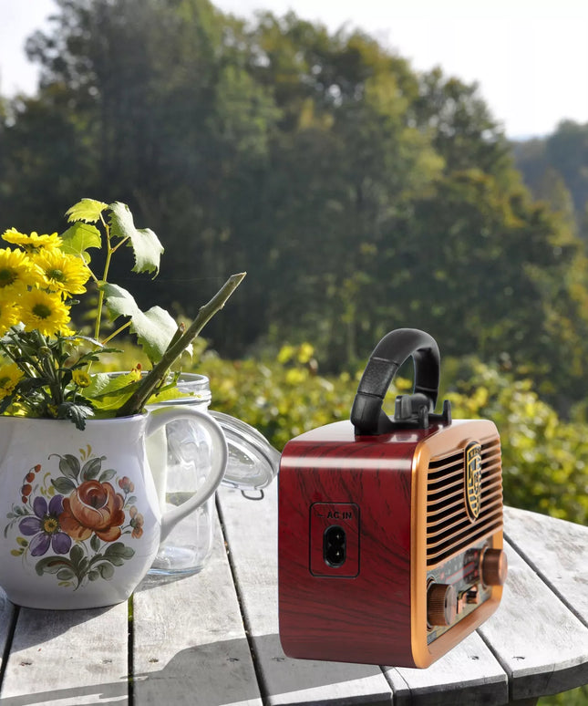 Nešiojamas virtuvės radijas RETRO su saulės baterijomis, Bluetooth, antena, rankena