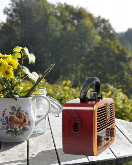 Nešiojamas virtuvės radijas RETRO su saulės baterijomis, Bluetooth, antena, rankena
