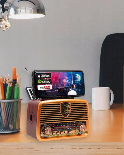 Nešiojamas virtuvės radijas RETRO su saulės baterijomis, Bluetooth, antena, rankena