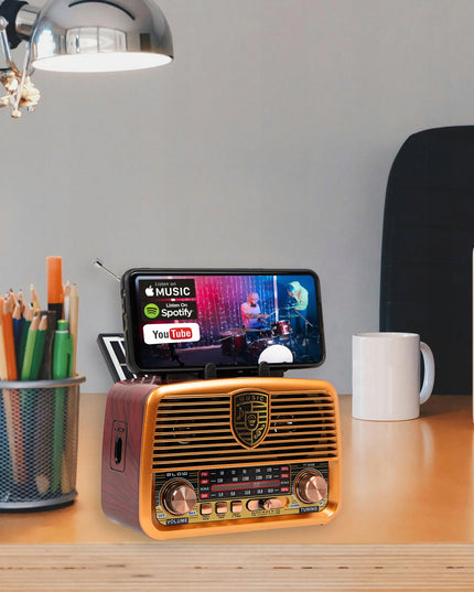 Nešiojamas virtuvės radijas RETRO su saulės baterijomis, Bluetooth, antena, rankena