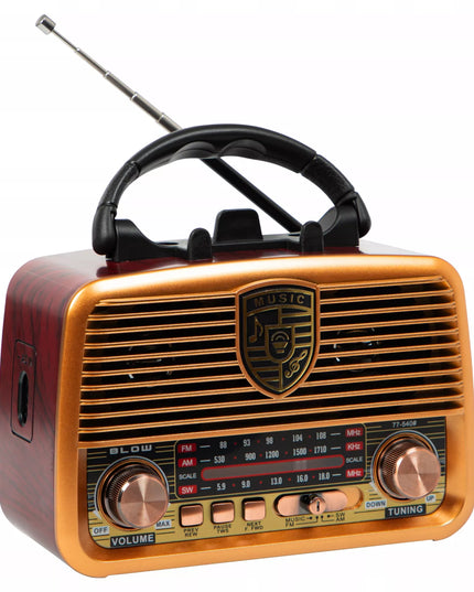 Nešiojamas virtuvės radijas RETRO su saulės baterijomis, Bluetooth, antena, rankena