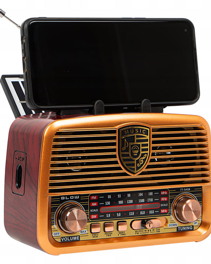 Nešiojamas virtuvės radijas RETRO su saulės baterijomis, Bluetooth, antena, rankena