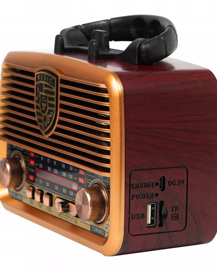 Nešiojamas virtuvės radijas RETRO su saulės baterijomis, Bluetooth, antena, rankena