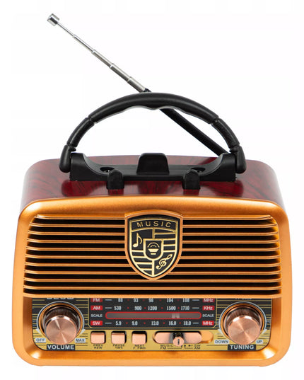 Nešiojamas virtuvės radijas RETRO su saulės baterijomis, Bluetooth, antena, rankena