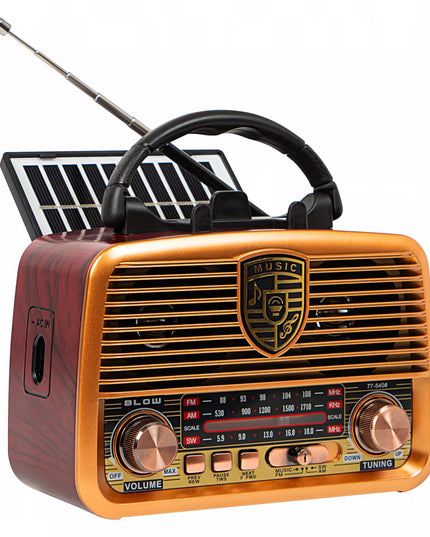 Nešiojamas virtuvės radijas RETRO su saulės baterijomis, Bluetooth, antena, rankena