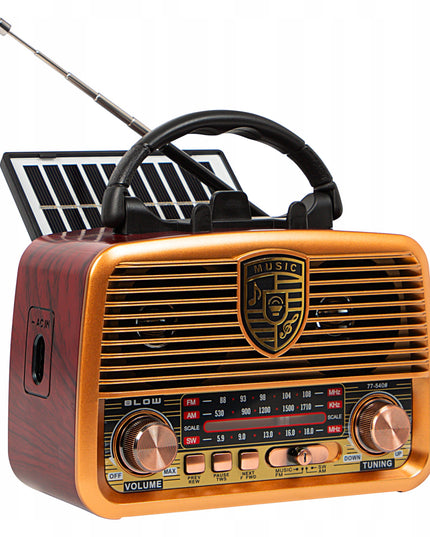 Nešiojamas virtuvės radijas RETRO su saulės baterijomis, Bluetooth, antena, rankena