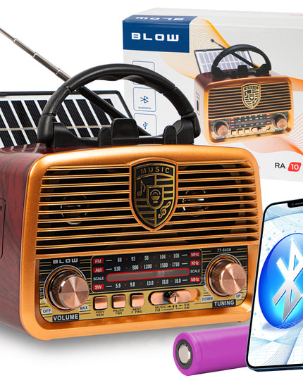 Nešiojamas virtuvės radijas RETRO su saulės baterijomis, Bluetooth, antena, rankena