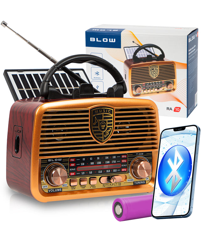 Nešiojamas virtuvės radijas RETRO su saulės baterijomis, Bluetooth, antena, rankena