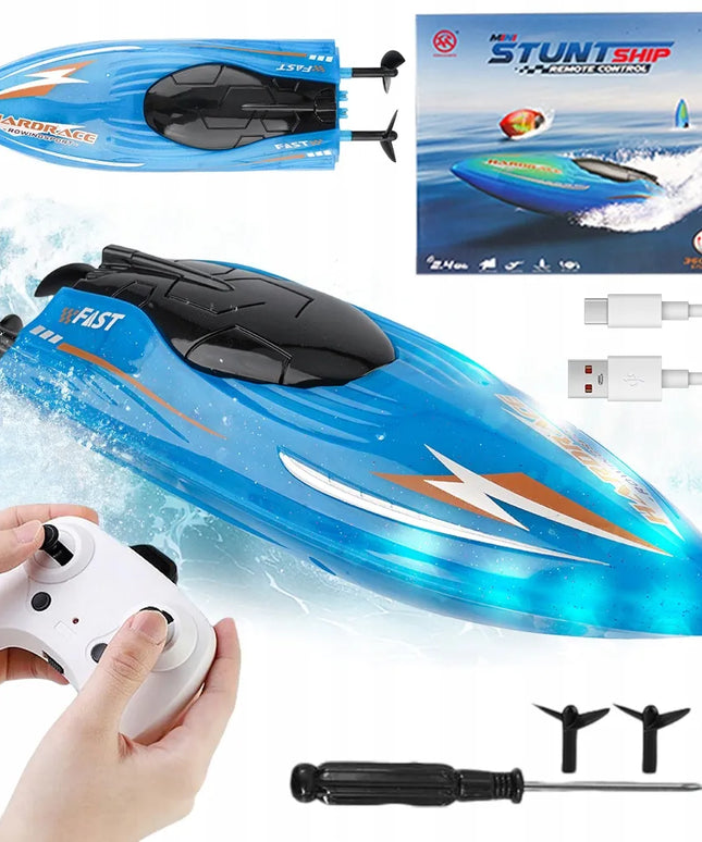 Bedee vandeniui atspari nuotoliniu būdu valdoma valtis, USB įkrovimas, 360° apsisukimas, LED šviesos, mėlyna