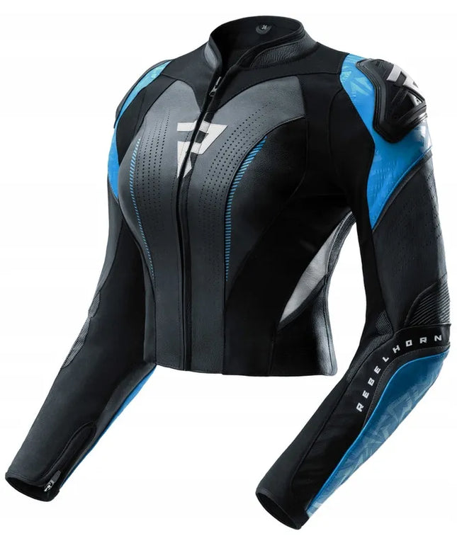 REBELHORN DIVA BLACK BLUE moteriška odinė motociklininko striukė 42