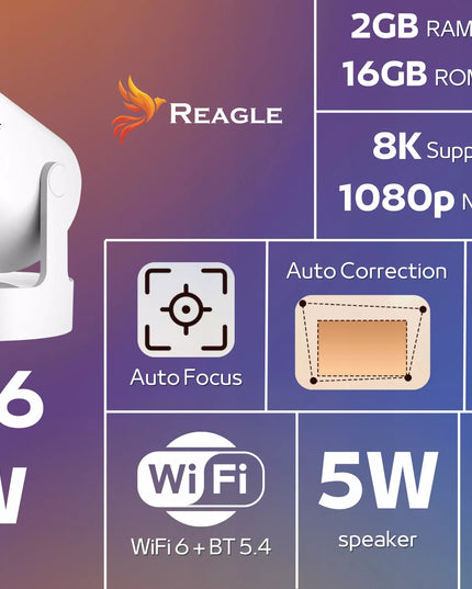 Mini LED projektorius Reagle R-MOVIELUM-P10, Android 14, 4K, nešiojamas, Smart TV, WiFi, 2026 m. modelis
