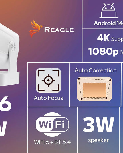 Mini LED projektorius Reagle R-MOVIELUM-P30, Android 14, 4K, Smart TV, Wi-Fi