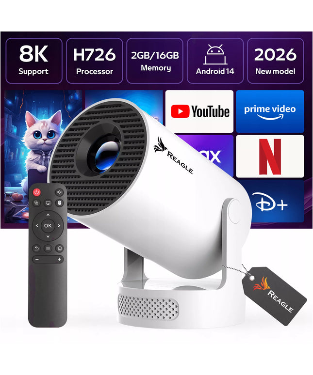 Mini LED projektorius Reagle R-MOVIELUM-P10, Android 14, 4K, nešiojamas, Smart TV, WiFi, 2026 m. modelis