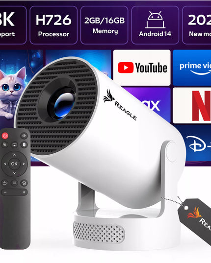 Mini LED projektorius Reagle R-MOVIELUM-P10, Android 14, 4K, nešiojamas, Smart TV, WiFi, 2026 m. modelis
