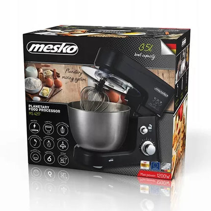 Mesko 4217 planetinis virtuvinis maišytuvas, kombainas 1200W 5L dubuo su apsauga nuo taškymosi juodas