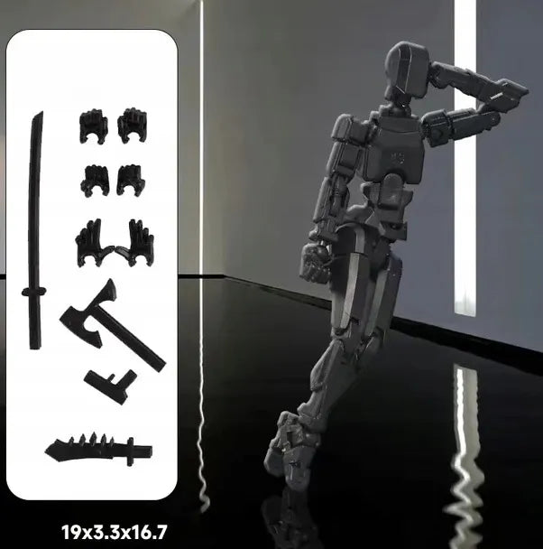 Judanti daugiašarnirė roboto figūrėlė, 3D spausdinimo manekenas, juodas, su ginklais, T13