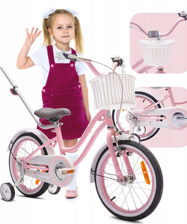 16 colių vaikiškas dviratis mergaitei „Heart Bike“ su stūmimo rankena, pagalbiniais ratukais ir krepšeliu
