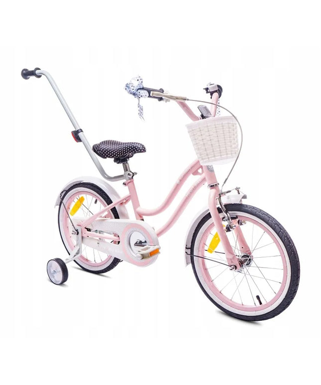 16 colių vaikiškas dviratis mergaitei „Heart Bike“ su stūmimo rankena, pagalbiniais ratukais ir krepšeliu