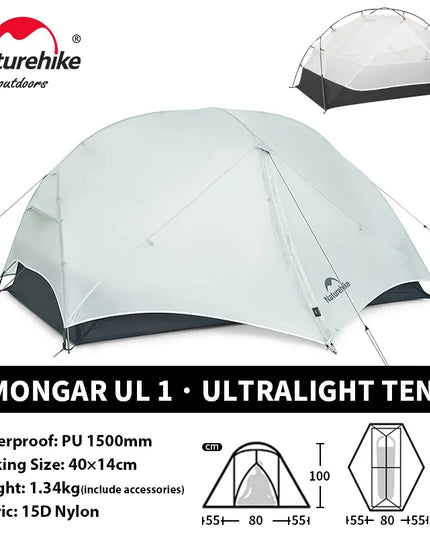 Naturehike Mongar Pro UL kempingo palapinė 20D nailoninė, skirta 1-3 asmenims, turistinė, žygių, atspari lietui, apsauga nuo saulės