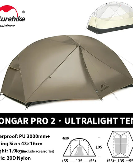 Naturehike Mongar Pro UL kempingo palapinė 20D nailoninė, skirta 1-3 asmenims, turistinė, žygių, atspari lietui, apsauga nuo saulės