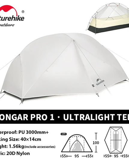 Naturehike Mongar Pro UL kempingo palapinė 20D nailoninė, skirta 1-3 asmenims, turistinė, žygių, atspari lietui, apsauga nuo saulės