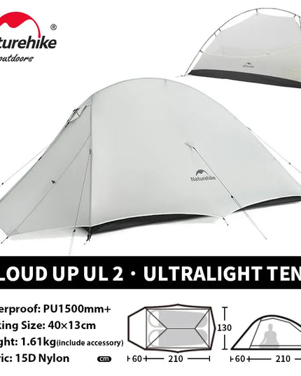 Naturehike Cloud Up 2 asmenų palapinė, itin lengva 20D kempingo palapinė, vandeniui atspari žygių, kelionių, turistavimo ir žvejybos palapinė