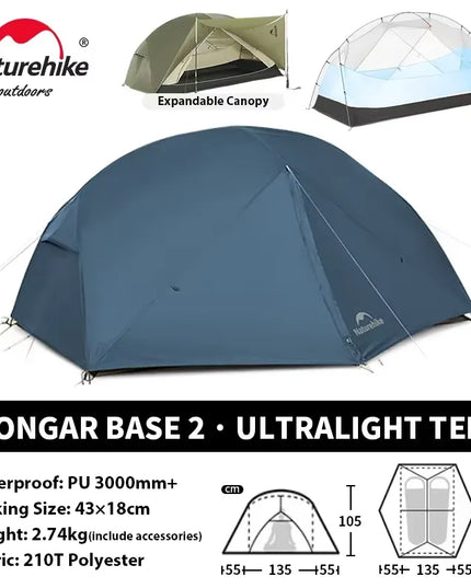 Naturehike Mongar Pro UL kempingo palapinė 20D nailoninė, skirta 1-3 asmenims, turistinė, žygių, atspari lietui, apsauga nuo saulės