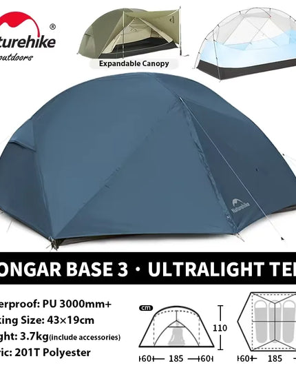 Naturehike Mongar Pro UL kempingo palapinė 20D nailoninė, skirta 1-3 asmenims, turistinė, žygių, atspari lietui, apsauga nuo saulės