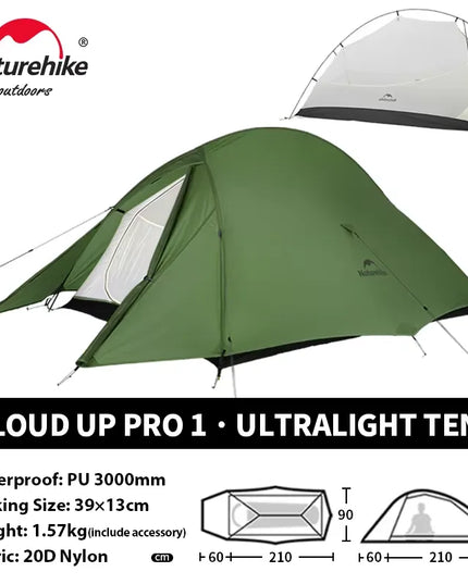 Naturehike Cloud Up palapinė žygiams ir stovyklavimui – itin lengva, vandeniui atspari dvivietė kelioninė palapinė