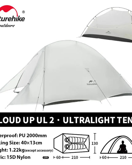 Naturehike Cloud Up 2 asmenų palapinė, itin lengva 20D kempingo palapinė, vandeniui atspari žygiams, kelionėms, žygiams su kuprine, važiavimui dviračiu ir žvejybai
