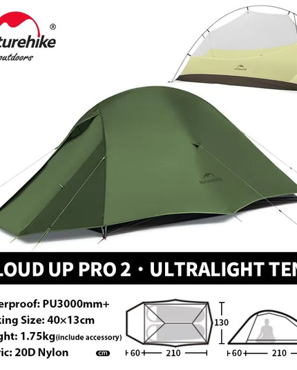 Naturehike Cloud Up palapinė žygiams ir stovyklavimui – itin lengva, vandeniui atspari dvivietė kelioninė palapinė
