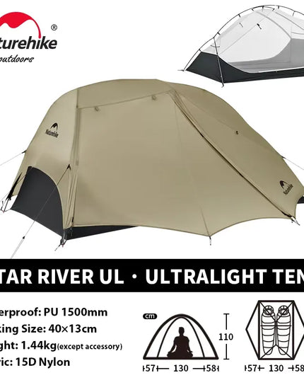 Naturehike Star River 2 UL palapinė – 2 asmenų itin lengva vandeniui atspari dviejų sluoksnių kempingo palapinė 3 sezonams, skirta žygiams, stovyklavimui ir žvejybai
