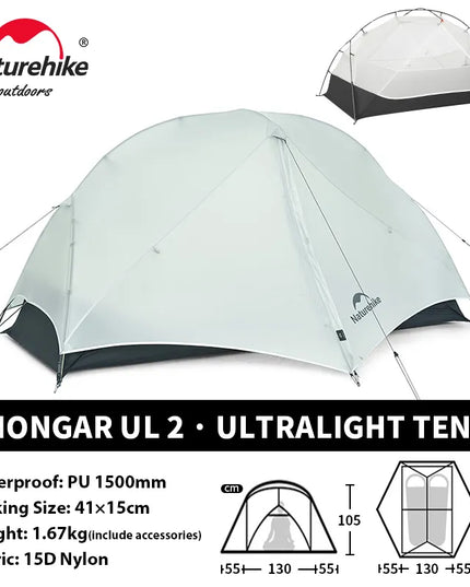 Naturehike Mongar Pro UL kempingo palapinė 20D nailoninė, skirta 1-3 asmenims, turistinė, žygių, atspari lietui, apsauga nuo saulės