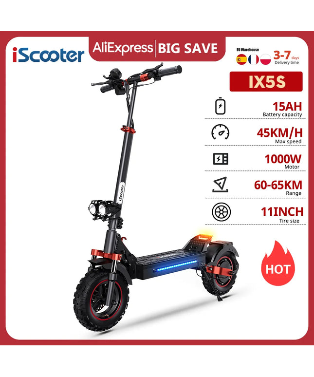iScooter IX5S elektrinis paspirtukas, 11 colių visureigis, 48V 15Ah, 1000W variklis, galinių ratų pavara, maksimalus greitis 45 km/val., nuvažiuojamas atstumas iki 65 km, sulankstomas