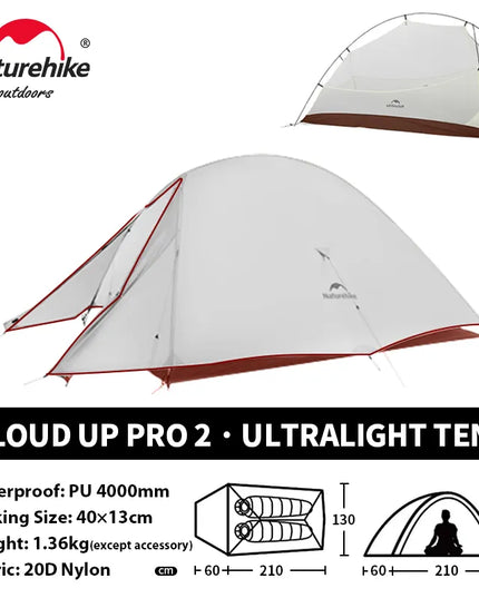 Naturehike Cloud Up 2 asmenų palapinė, itin lengva 20D kempingo palapinė, vandeniui atspari žygiams, kelionėms, žygiams su kuprine, važiavimui dviračiu ir žvejybai
