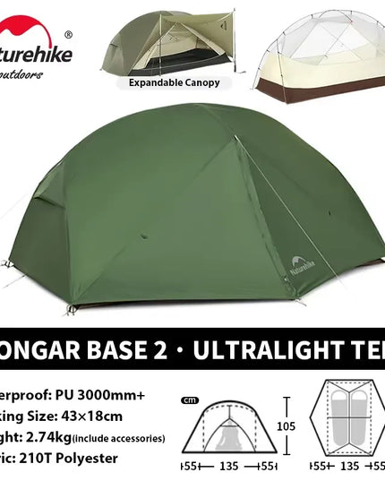 Naturehike Mongar Pro UL kempingo palapinė 20D nailoninė, skirta 1-3 asmenims, turistinė, žygių, atspari lietui, apsauga nuo saulės
