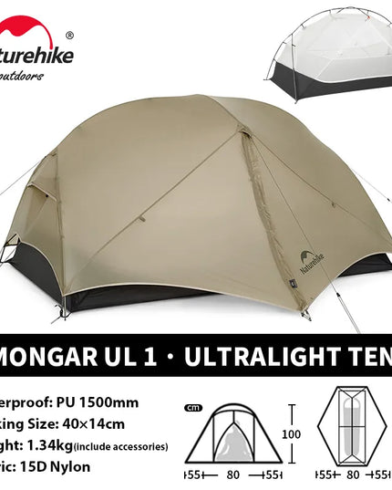 Naturehike Mongar Pro UL kempingo palapinė 20D nailoninė, skirta 1-3 asmenims, turistinė, žygių, atspari lietui, apsauga nuo saulės