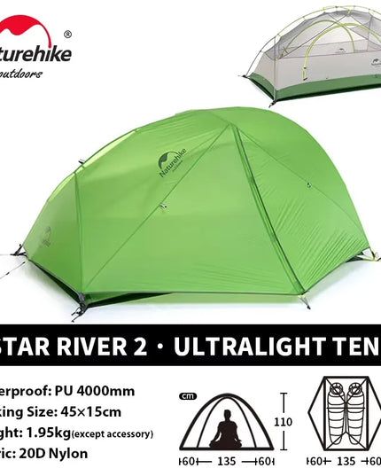 Naturehike Star River 2 UL palapinė – 2 asmenų itin lengva vandeniui atspari dviejų sluoksnių kempingo palapinė 3 sezonams, skirta žygiams, stovyklavimui ir žvejybai