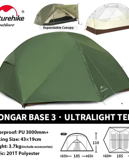 Naturehike Mongar Pro UL kempingo palapinė 20D nailoninė, skirta 1-3 asmenims, turistinė, žygių, atspari lietui, apsauga nuo saulės