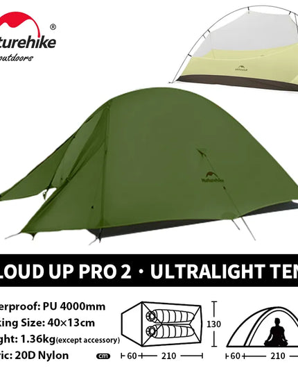 Naturehike Cloud Up 2 asmenų palapinė, itin lengva 20D kempingo palapinė, vandeniui atspari žygiams, kelionėms, žygiams su kuprine, važiavimui dviračiu ir žvejybai