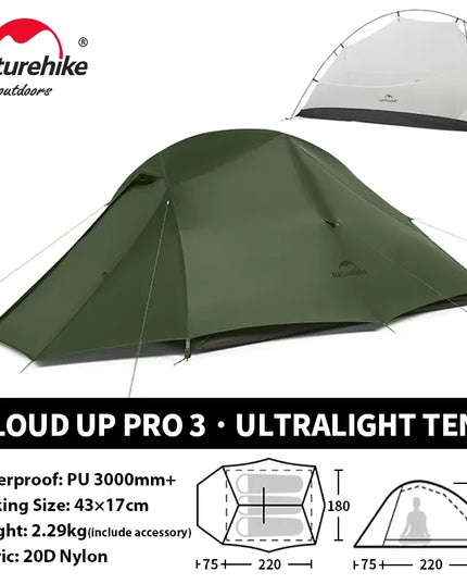 Naturehike Cloud Up palapinė žygiams ir stovyklavimui – itin lengva, vandeniui atspari dvivietė kelioninė palapinė