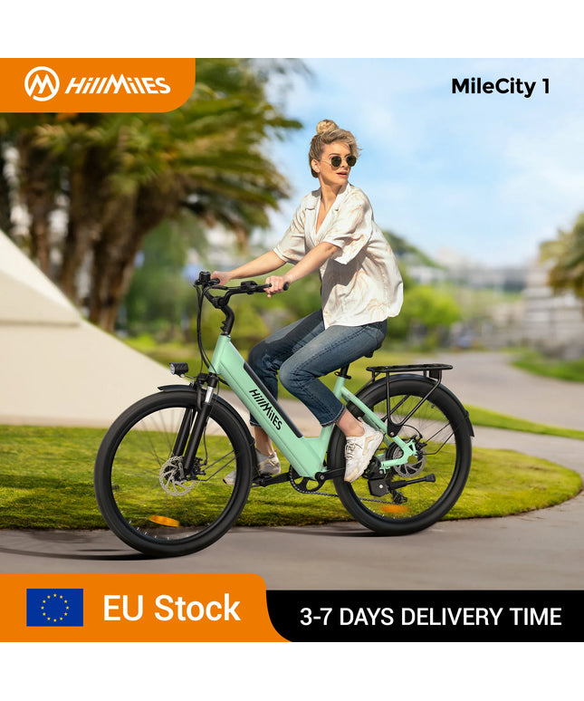 MileCity 1 26 colių elektrinis dviratis kelionėms į darbą, 120 km atstumas, 250 W galia, 36 V 13 Ah akumuliatorius, 25 km/h greitis, 7 pavaros, diskiniai stabdžiai