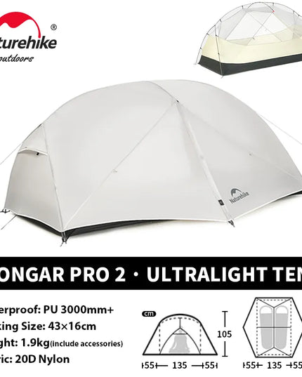 Naturehike Mongar Pro UL kempingo palapinė 20D nailoninė, skirta 1-3 asmenims, turistinė, žygių, atspari lietui, apsauga nuo saulės