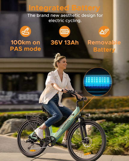 MileCity 1 26 colių elektrinis dviratis kelionėms į darbą, 120 km atstumas, 250 W galia, 36 V 13 Ah akumuliatorius, 25 km/h greitis, 7 pavaros, diskiniai stabdžiai