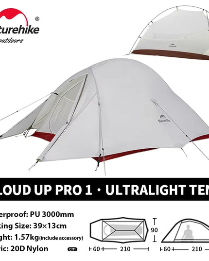 Naturehike Cloud Up palapinė žygiams ir stovyklavimui – itin lengva, vandeniui atspari dvivietė kelioninė palapinė
