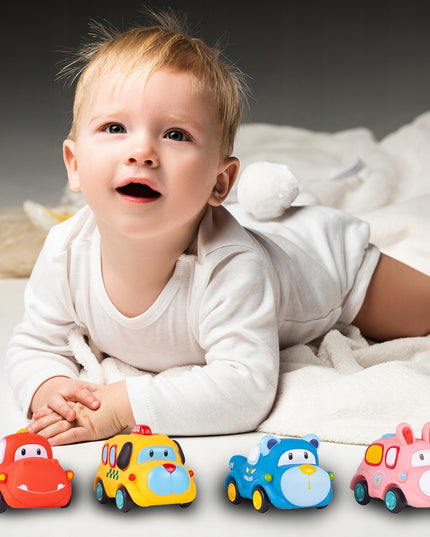 Sensoriniai guminiai automobiliukai 4 minkšti su atsukamu varikliu vaikams