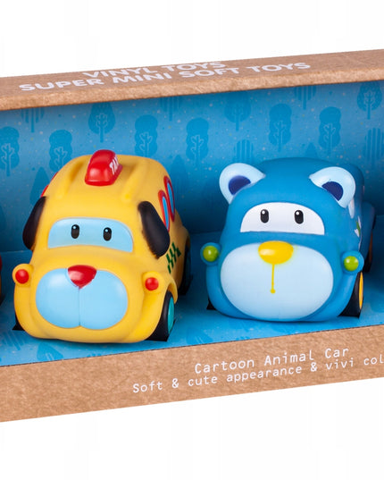 Sensoriniai guminiai automobiliukai 4 minkšti su atsukamu varikliu vaikams