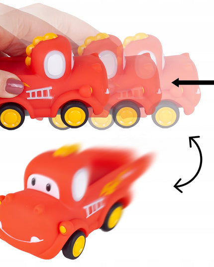 Sensoriniai guminiai automobiliukai 4 minkšti su atsukamu varikliu vaikams